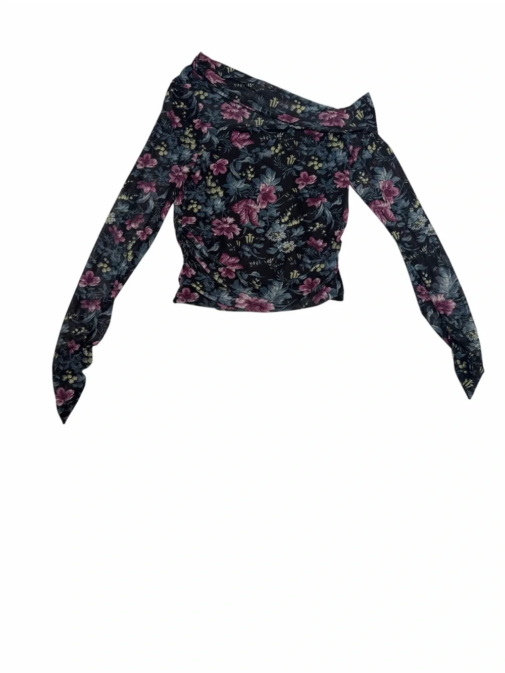 Anthropologie Floral Mesh Off Shoulder Ruched Long Sleeve Top Size Small